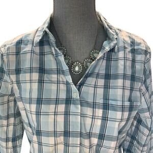 Tyler Boe Womens Medium Button Up Plaid‎ Roll Tab Check Tunic Top Cotton Casual